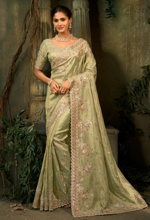 Pista Green Embroidered Silk Saree with Heavy Border Matching Blouse